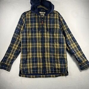 LL Bean Flannel Lined Zip Up Hooded Jacket Blue Plaid Men's M Reg
